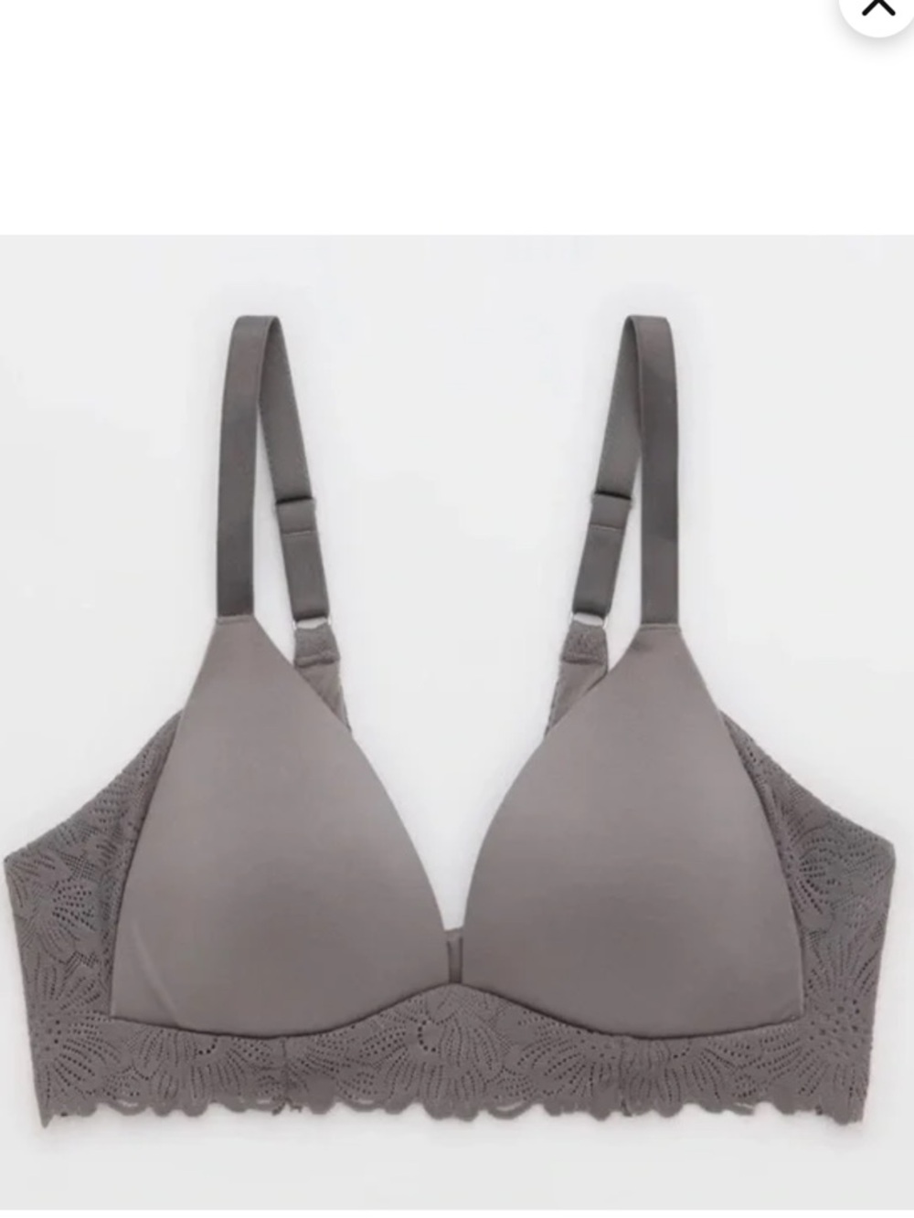 Aerie real Sunnie Wireless Lightly Lined Blossom Lace Trim Bra shell gray 36C